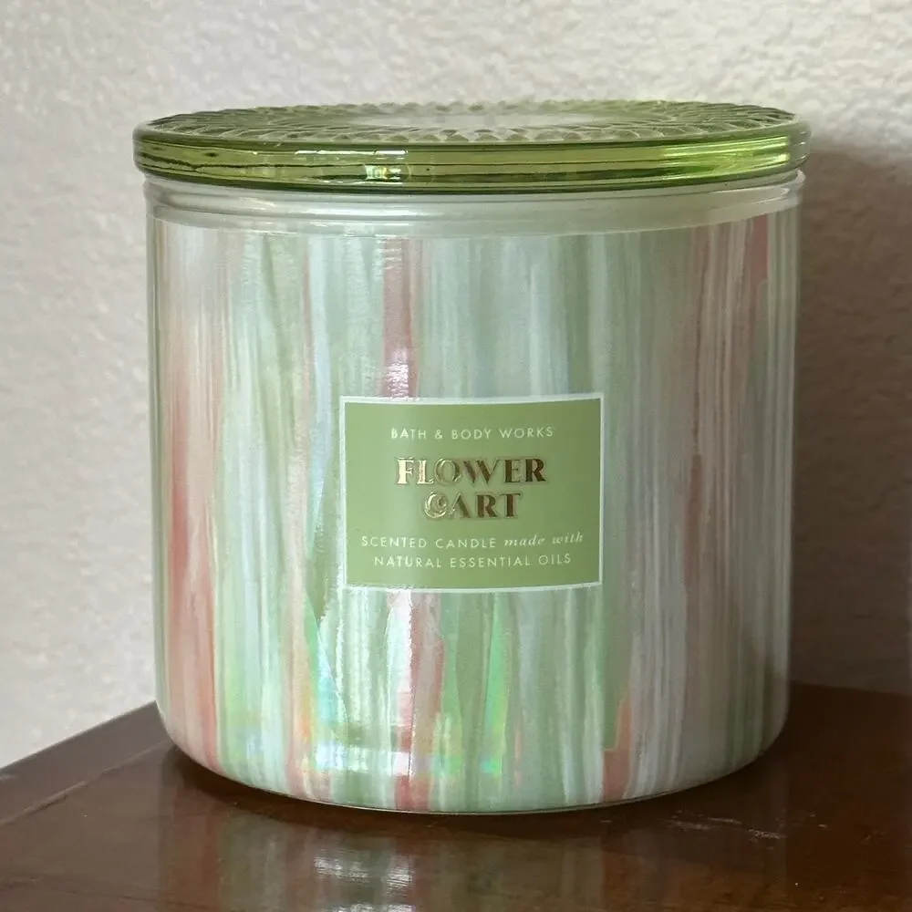 new! Bath & Body Works Flower Cart Glass Lid 3-Wick Candle Spring Green